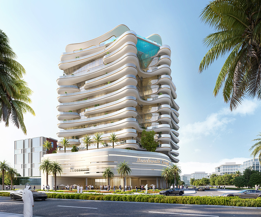Beach Walk Grand By Imtiaz A modern, wavy architectural building with palm trees and people, showcasing a sleek design and urban setting.